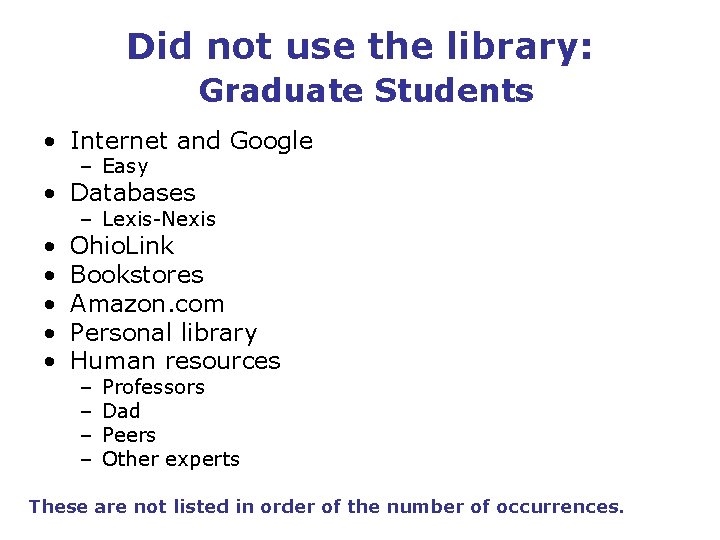 Did not use the library: Graduate Students • Internet and Google – Easy •