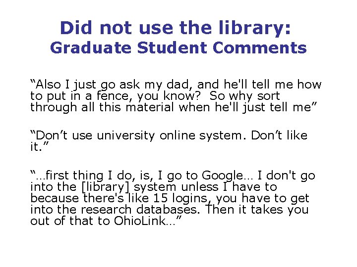 Did not use the library: Graduate Student Comments “Also I just go ask my