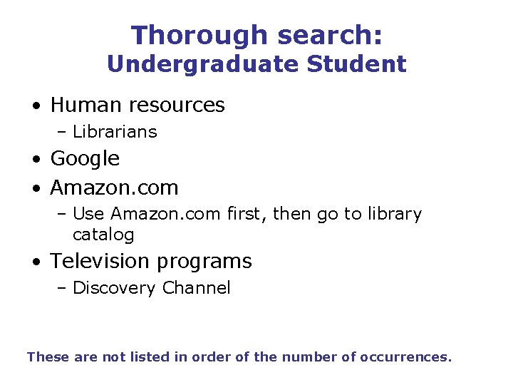 Thorough search: Undergraduate Student • Human resources – Librarians • Google • Amazon. com