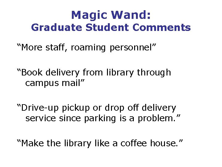 Magic Wand: Graduate Student Comments “More staff, roaming personnel” “Book delivery from library through