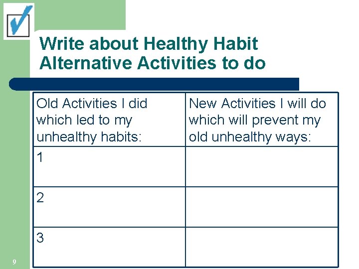 Write about Healthy Habit Alternative Activities to do Old Activities I did which led