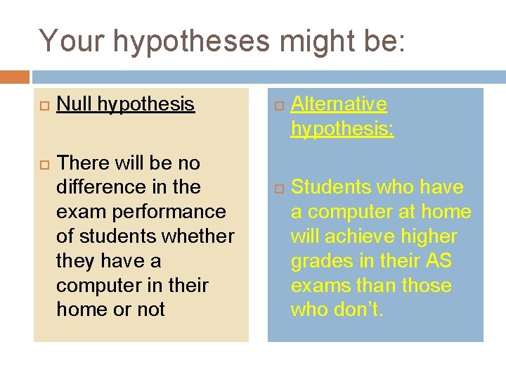 Your hypotheses might be: Null hypothesis There will be no difference in the exam