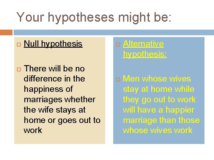 Your hypotheses might be: Null hypothesis There will be no difference in the happiness