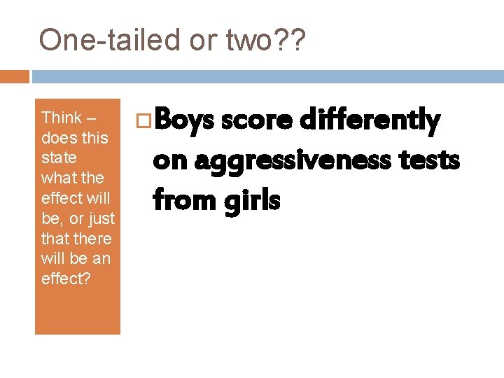 One-tailed or two? ? Think – does this state what the effect will be,