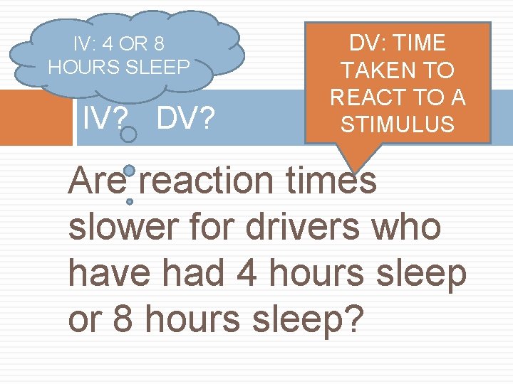 IV: 4 OR 8 HOURS SLEEP IV? DV? DV: TIME TAKEN TO REACT TO