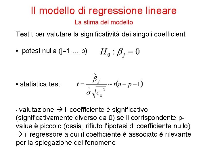Il modello di regressione lineare La stima del modello Test t per valutare la