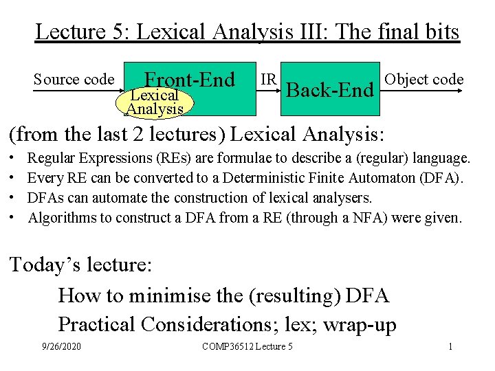 Lecture 5: Lexical Analysis III: The final bits Source code Front-End Lexical Analysis IR