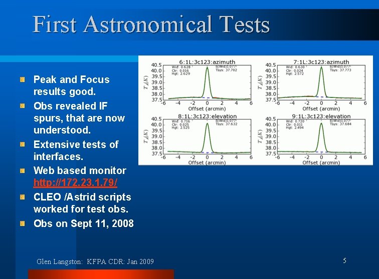 First Astronomical Tests Peak and Focus results good. Obs revealed IF spurs, that are