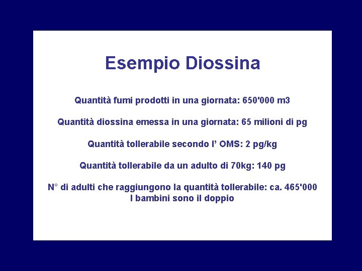 Esempio Diossina Quantità fumi prodotti in una giornata: 650'000 m 3 Quantità diossina emessa