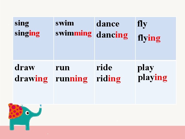 singing swim dance swimming dancing draw run ride drawing running riding flying playing 