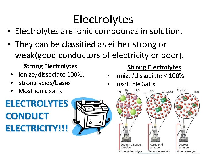 Electrolytes • Electrolytes are ionic compounds in solution. • They can be classified as