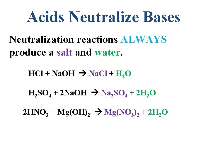 Acids Neutralize Bases Neutralization reactions ALWAYS produce a salt and water. HCl + Na.