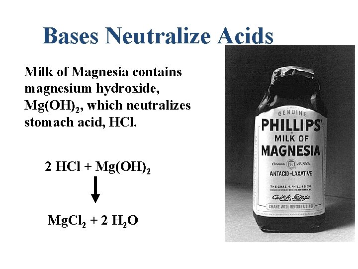 Bases Neutralize Acids Milk of Magnesia contains magnesium hydroxide, Mg(OH)2, which neutralizes stomach acid,