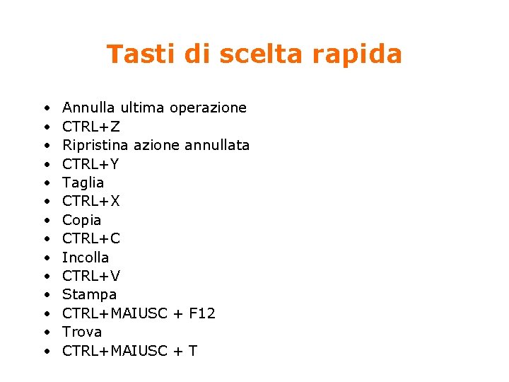 Tasti di scelta rapida • • • • Annulla ultima operazione CTRL+Z Ripristina azione