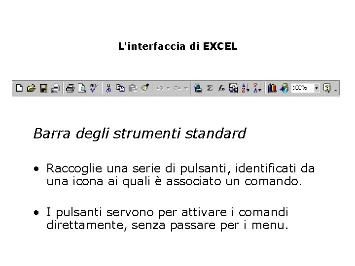 L'interfaccia di EXCEL Barra degli strumenti standard • Raccoglie una serie di pulsanti, identificati