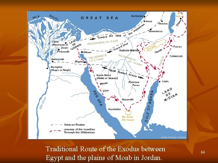 Traditional Route of the Exodus between Egypt and the plains of Moab in Jordan.