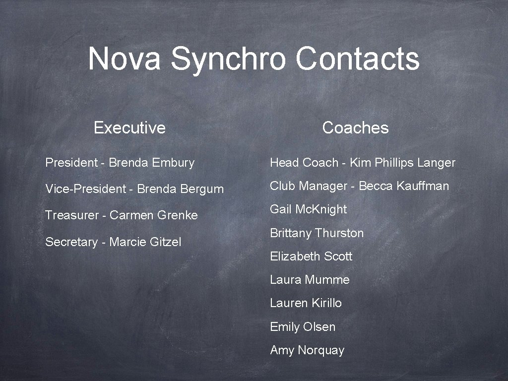 Nova Synchro Contacts Executive Coaches President - Brenda Embury Head Coach - Kim Phillips