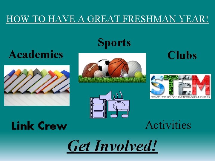 HOW TO HAVE A GREAT FRESHMAN YEAR! Sports Academics Link Crew Clubs Activities Get