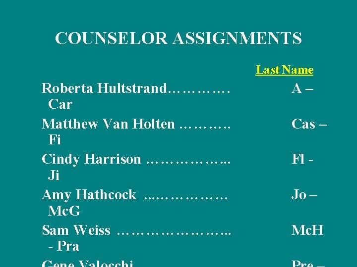 COUNSELOR ASSIGNMENTS Last Name Roberta Hultstrand…………. Car Matthew Van Holten ………. . Fi Cindy