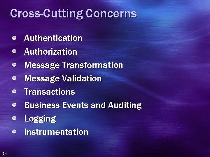 Cross-Cutting Concerns Authentication Authorization Message Transformation Message Validation Transactions Business Events and Auditing Logging