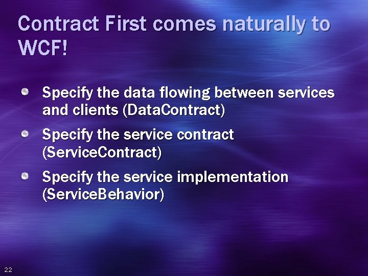 Contract First comes naturally to WCF! Specify the data flowing between services and clients