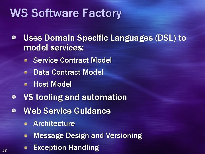 WS Software Factory Uses Domain Specific Languages (DSL) to model services: Service Contract Model