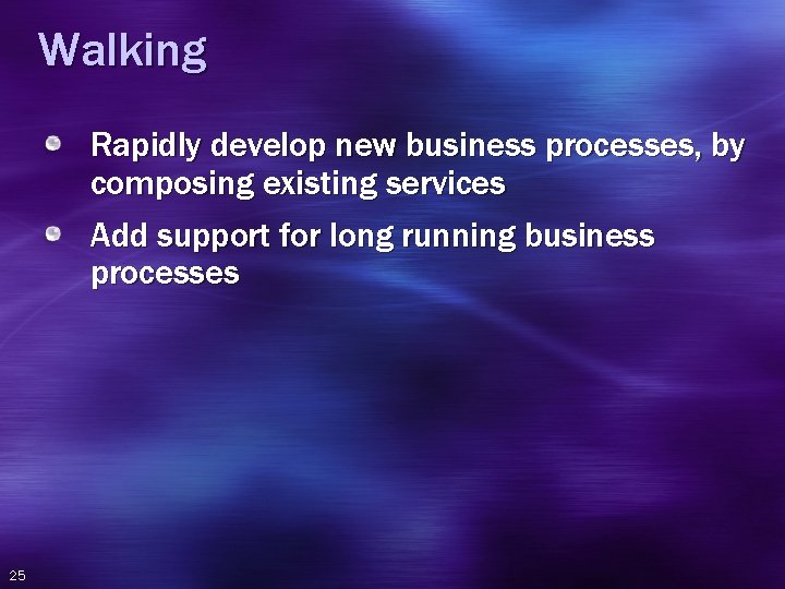 Walking Rapidly develop new business processes, by composing existing services Add support for long