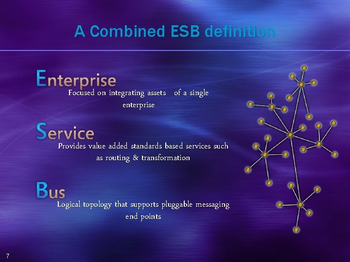 A Combined ESB definition Focused on integrating assets of a single enterprise Provides value