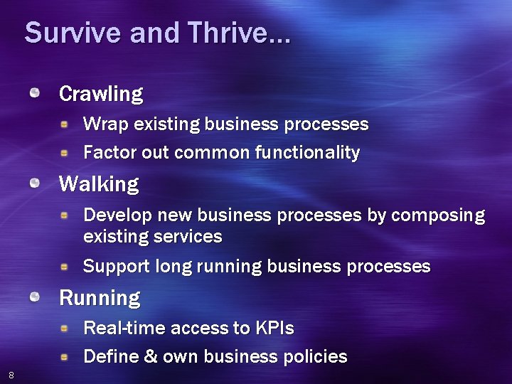 Survive and Thrive… Crawling Wrap existing business processes Factor out common functionality Walking Develop