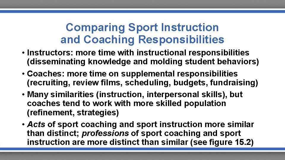 Comparing Sport Instruction and Coaching Responsibilities • Instructors: more time with instructional responsibilities (disseminating Comparing Sport Instruction and Coaching Responsibilities • Instructors: more time with instructional responsibilities (disseminating