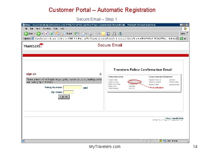 Customer Portal – Automatic Registration Secure Email – Step 1 My. Travelers. com 14