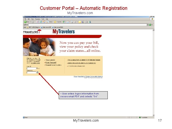 Customer Portal – Automatic Registration My. Travelers. com • User enters logon information from