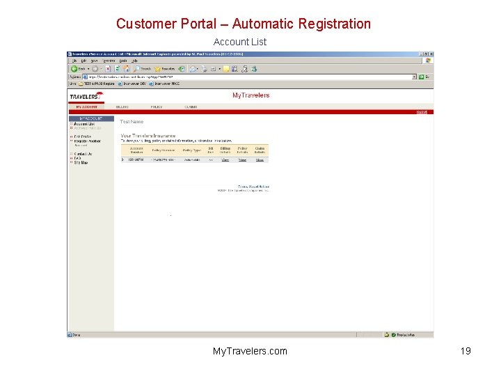 Customer Portal – Automatic Registration Account List My. Travelers. com 19 