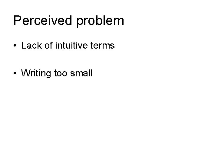 Perceived problem • Lack of intuitive terms • Writing too small 
