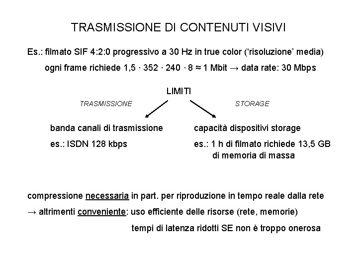 TRASMISSIONE DI CONTENUTI VISIVI Es. : filmato SIF 4: 2: 0 progressivo a 30