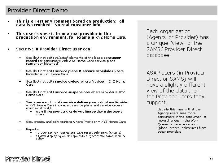 Provider Direct Demo • This is a Test environment based on production: all data