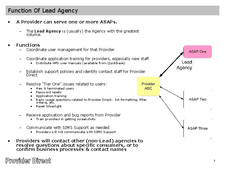 Function Of Lead Agency • A Provider can serve one or more ASAPs. –