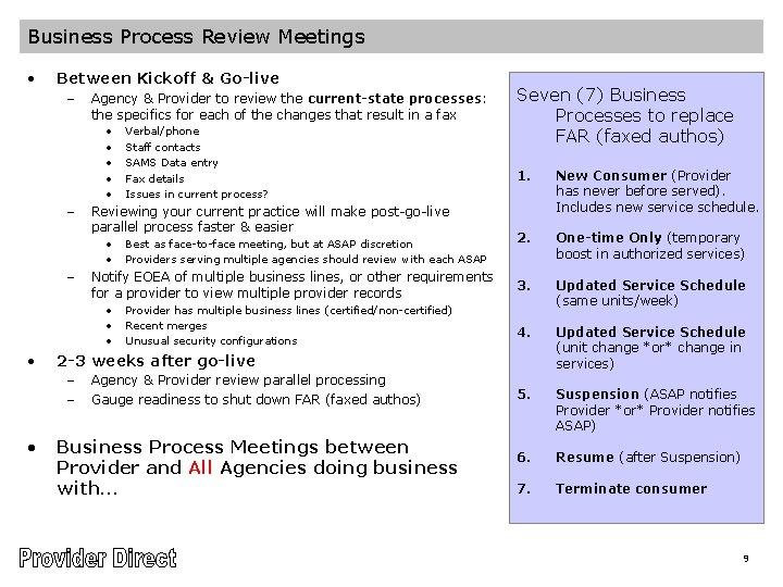 Business Process Review Meetings • Between Kickoff & Go-live – Agency & Provider to