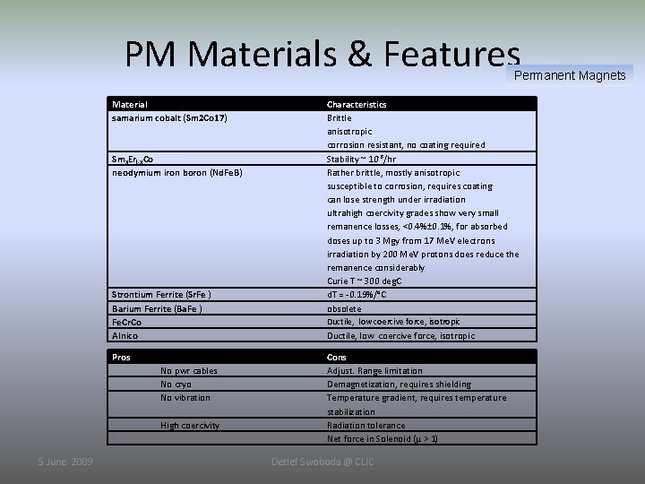 PM Materials & Features Permanent Magnets Material samarium cobalt (Sm 2 Co 17) Smx.