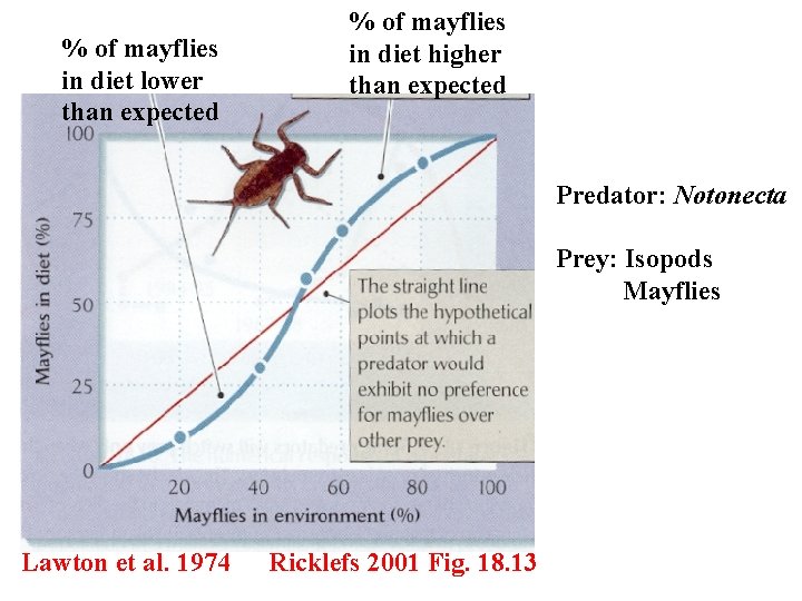 % of mayflies in diet lower than expected % of mayflies in diet higher