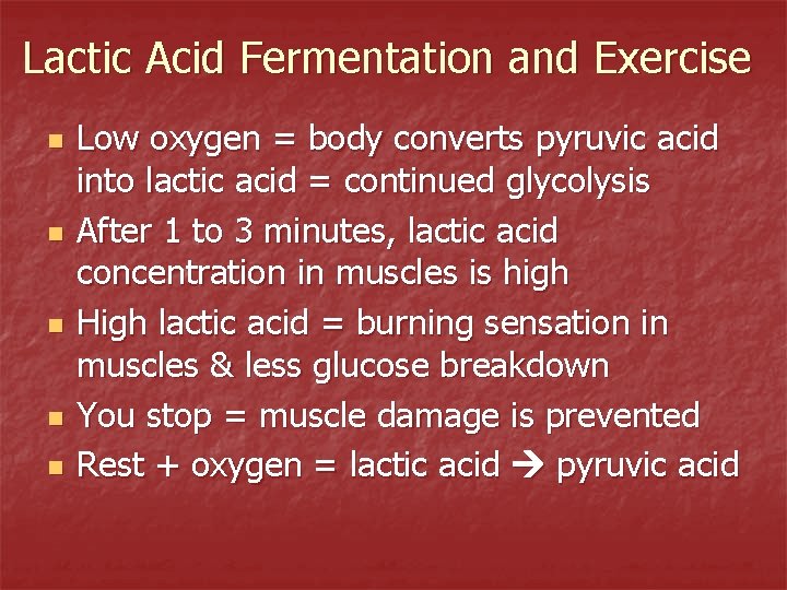 Lactic Acid Fermentation and Exercise n n n Low oxygen = body converts pyruvic