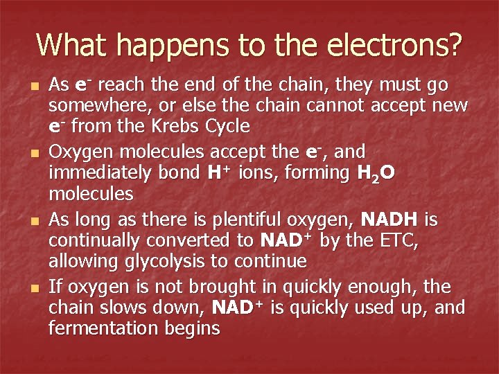 What happens to the electrons? n n As e- reach the end of the