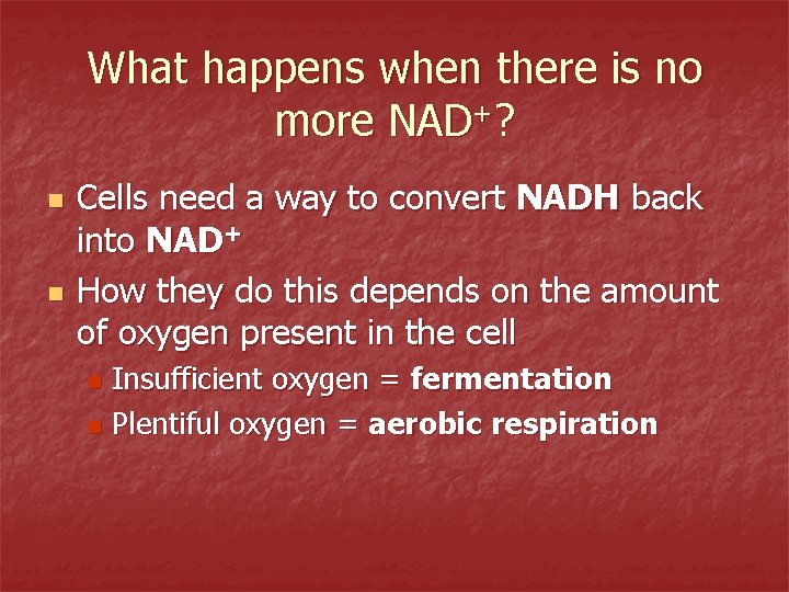 What happens when there is no more NAD+? n n Cells need a way