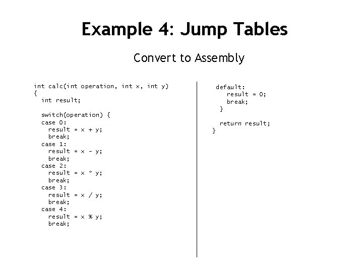 Example 4: Jump Tables Convert to Assembly int calc(int operation, int x, int y)
