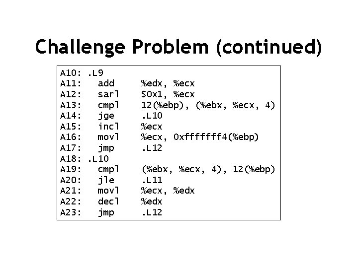 Challenge Problem (continued) A 10: . L 9 A 11: add A 12: sarl