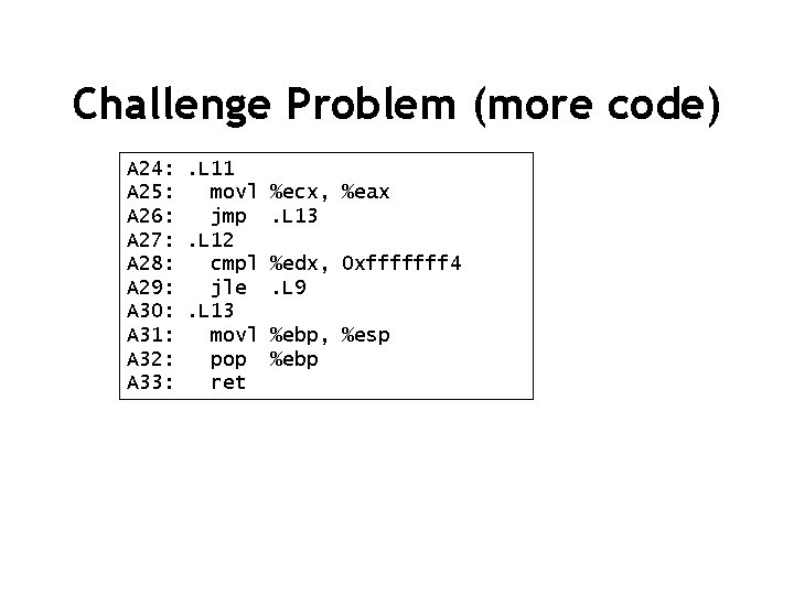 Challenge Problem (more code) A 24: . L 11 A 25: movl A 26: