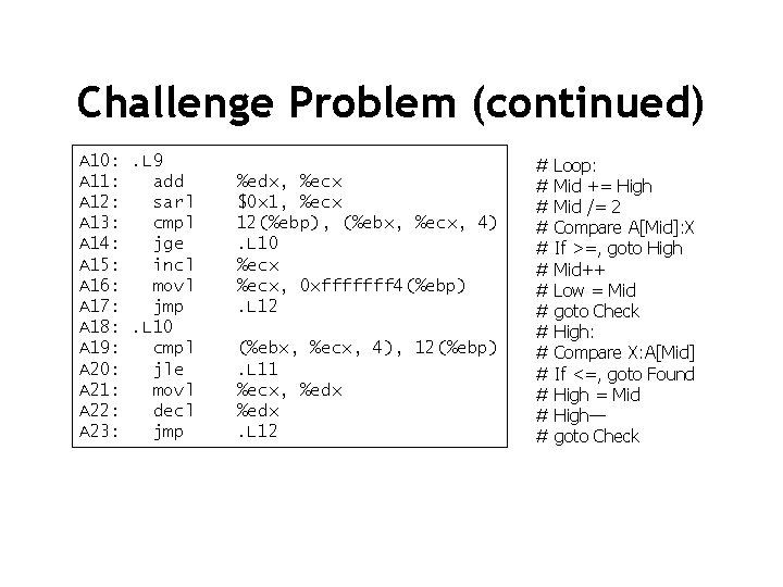 Challenge Problem (continued) A 10: . L 9 A 11: add A 12: sarl