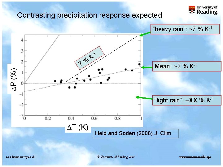 Contrasting precipitation response expected “heavy rain”: ~7 % K-1 -1 K Mean: ~2 %