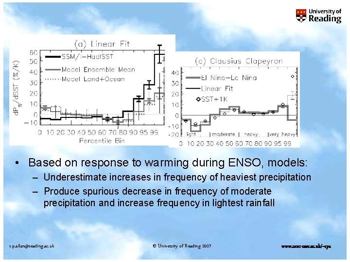  • Based on response to warming during ENSO, models: – Underestimate increases in