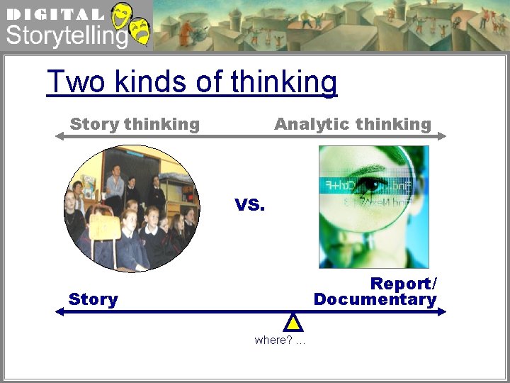 Digital Storytelling Two kinds of thinking Story thinking Analytic thinking VS. Report/ Documentary Story